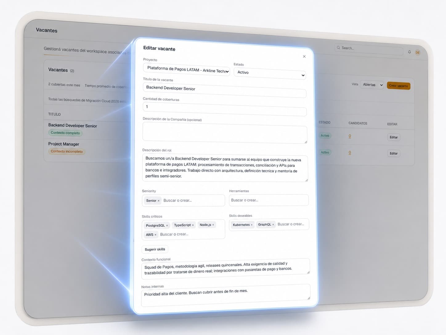 Cargá la vacante con su contexto real